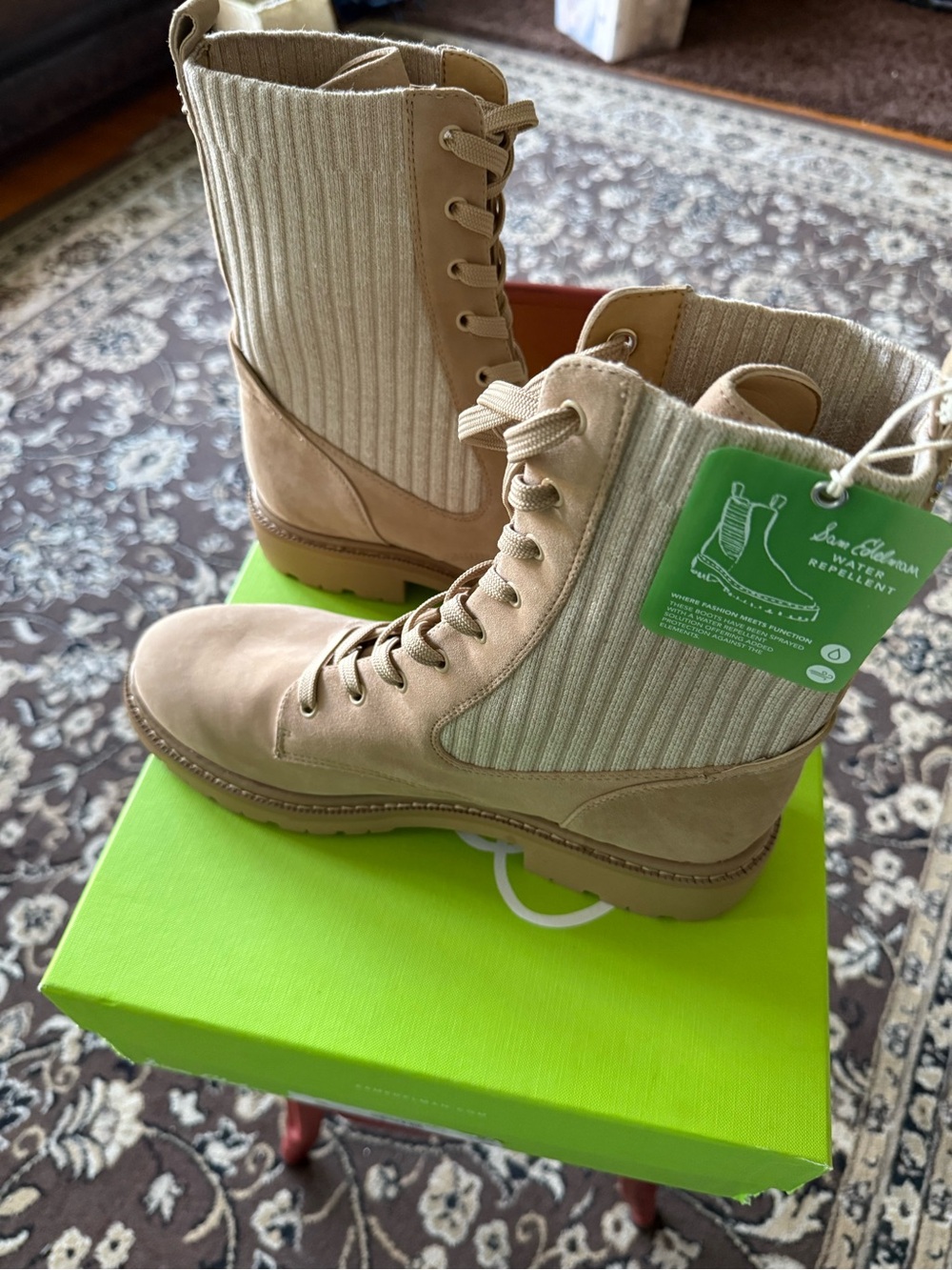 NEVER WORN : Sam Edelman Tan Knit-Panel Lace-Up Combat Boots 👢 (water-repellent)